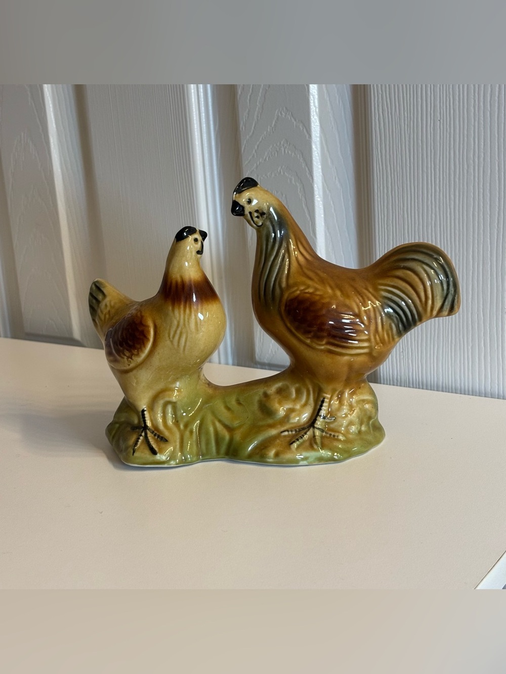 Ceramic Rooster and Hen Figurine in Brown and Green Glaze